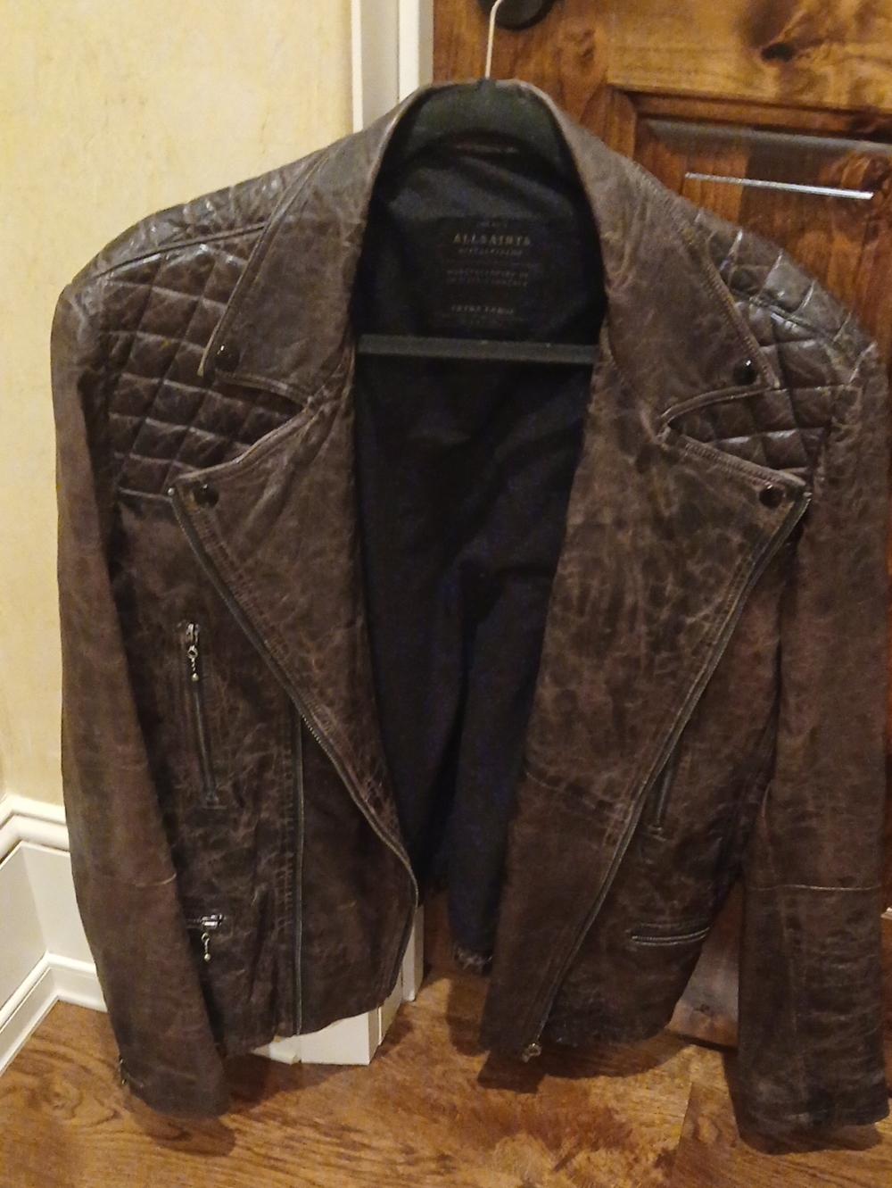 AllSaints Dark Brown Quilted Leather Biker Jacket
